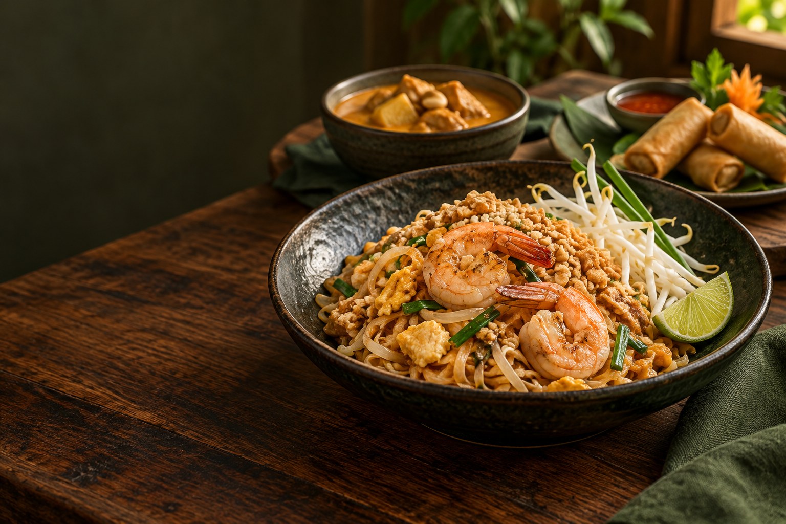 Imagen ilustrativa de pad thai con gambas, lima y cacahuetes